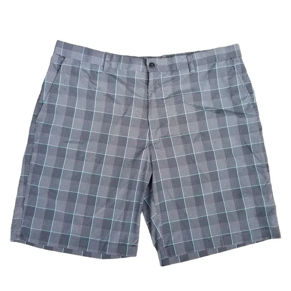 PGA Tour Golf Shorts Mens Grey Blue Windowpane Check Flat Front 9